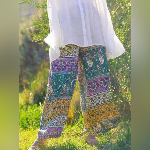 NWT Umgee Mixed Print Dusty Sage Floral Fair Isle Pocket Palazzo Pants sz 1XL - Picture 5 of 9